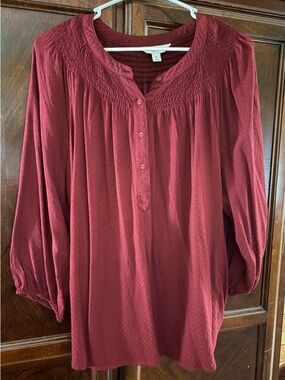 croft & barrow Burgundy Smocked Yoke Button-Front Tunic